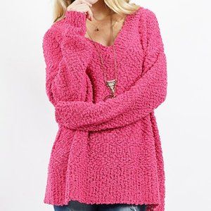 Zenana Hot Barbie Pink V Neck Popcorn Knit Comfy Cozy Sweater